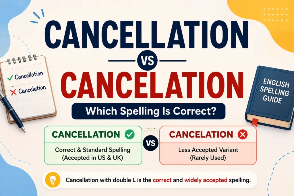 Cancellation vs cancelation spelling comparison showing cancellation as the correct and standard spelling