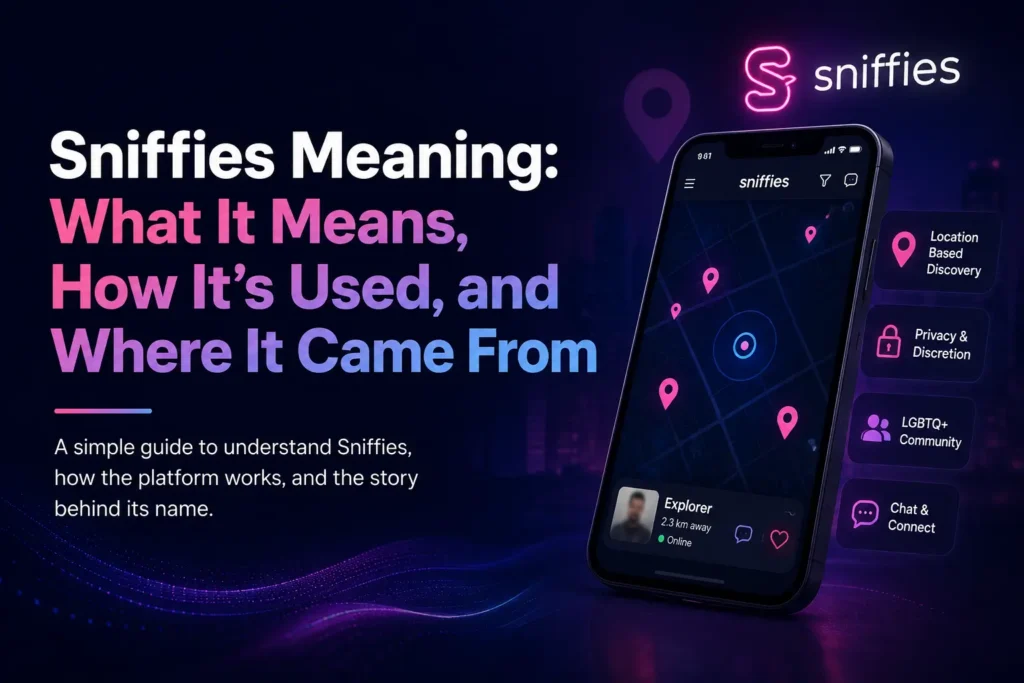 Sniffies Meaning guide showing a location-based platform, map, privacy, and LGBTQ+ connections