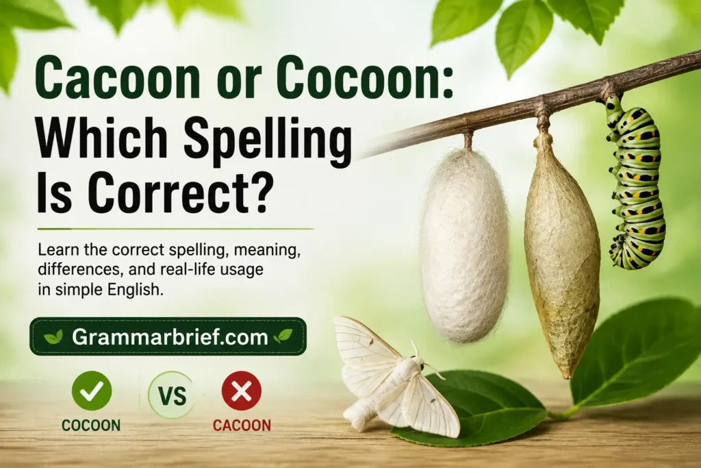 Cacoon or Cocoon spelling comparison with a caterpillar and cocoon